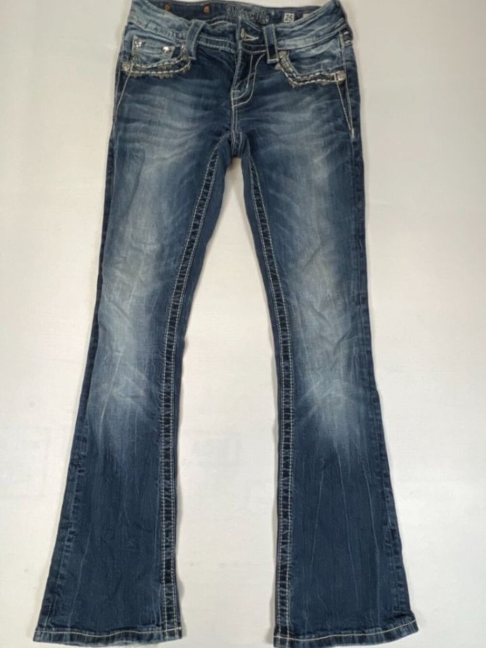 Miss Me Women 25 Mid Rise Bootcut Jeans Blue Embellished Pockets Stretch Denim